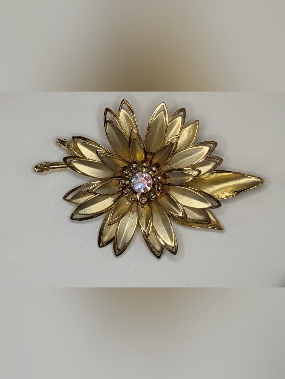 Mid Century Gold Tone Tiered 24 Petal Flower Brooch Pin with Aurora Borealis